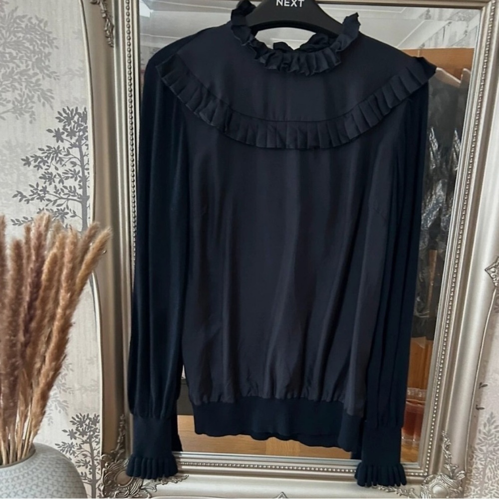 Ted Baker Womens Touch Of Cashmere Sweater Size 3 Ruffled Round Neck Silk navy